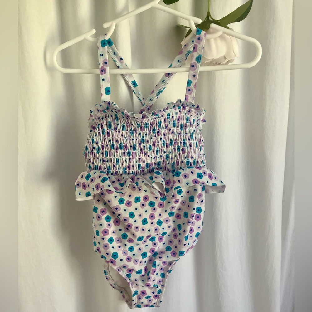 Cat & Jack Girls 3T Smocked White One-Piece Swimsuit with Purple/Teal Florals